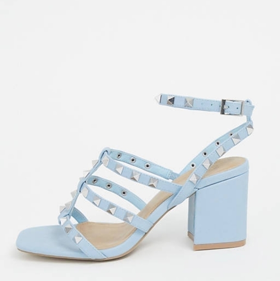 Asos Silver Studded Blue Strappy Spring Sandals 9 Wide Square Toe Chunky Heel - Picture 1 of 12